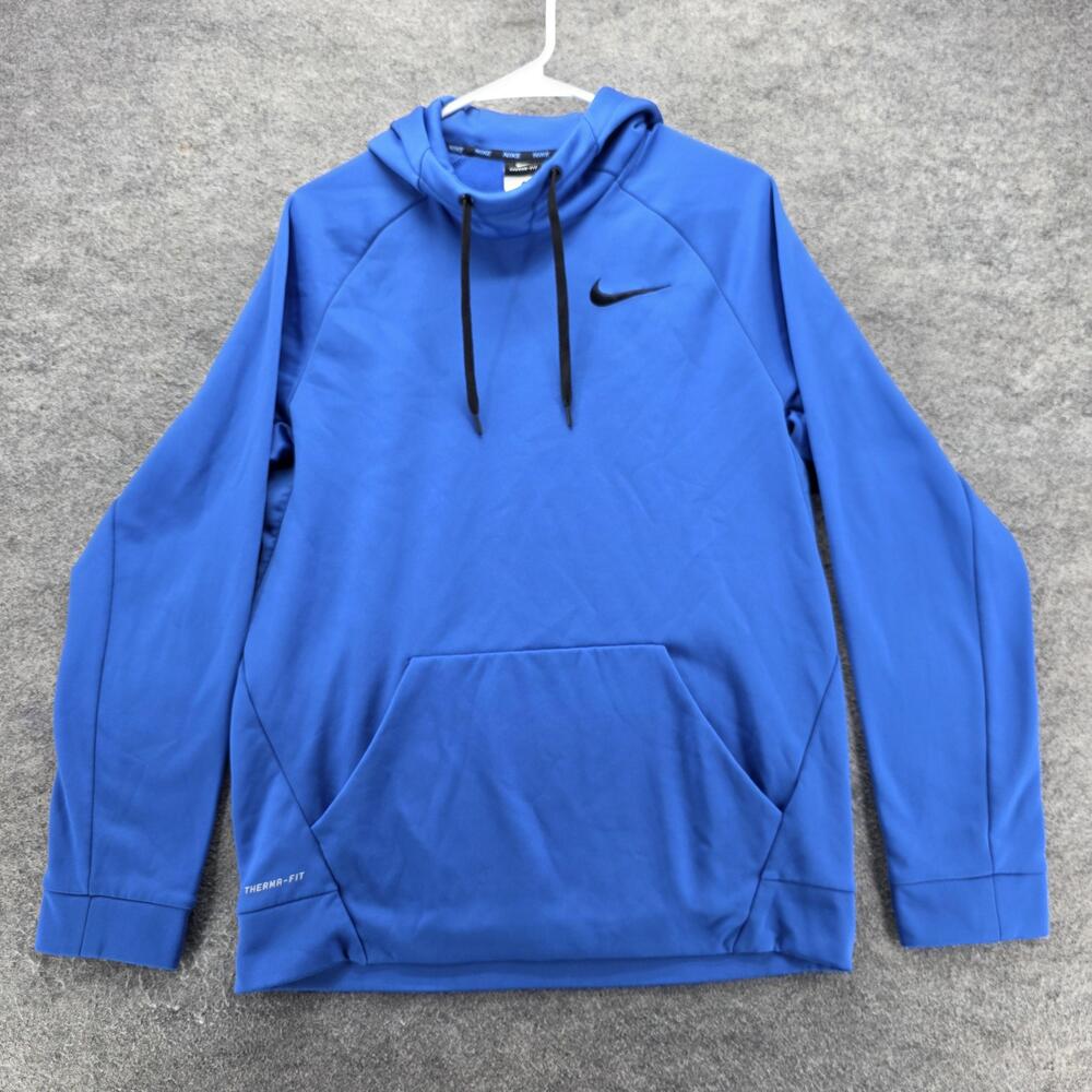 Nike Hoodie Mens M Blue Pullover Hooded Pockets Therma-Fit Fleece Logo
